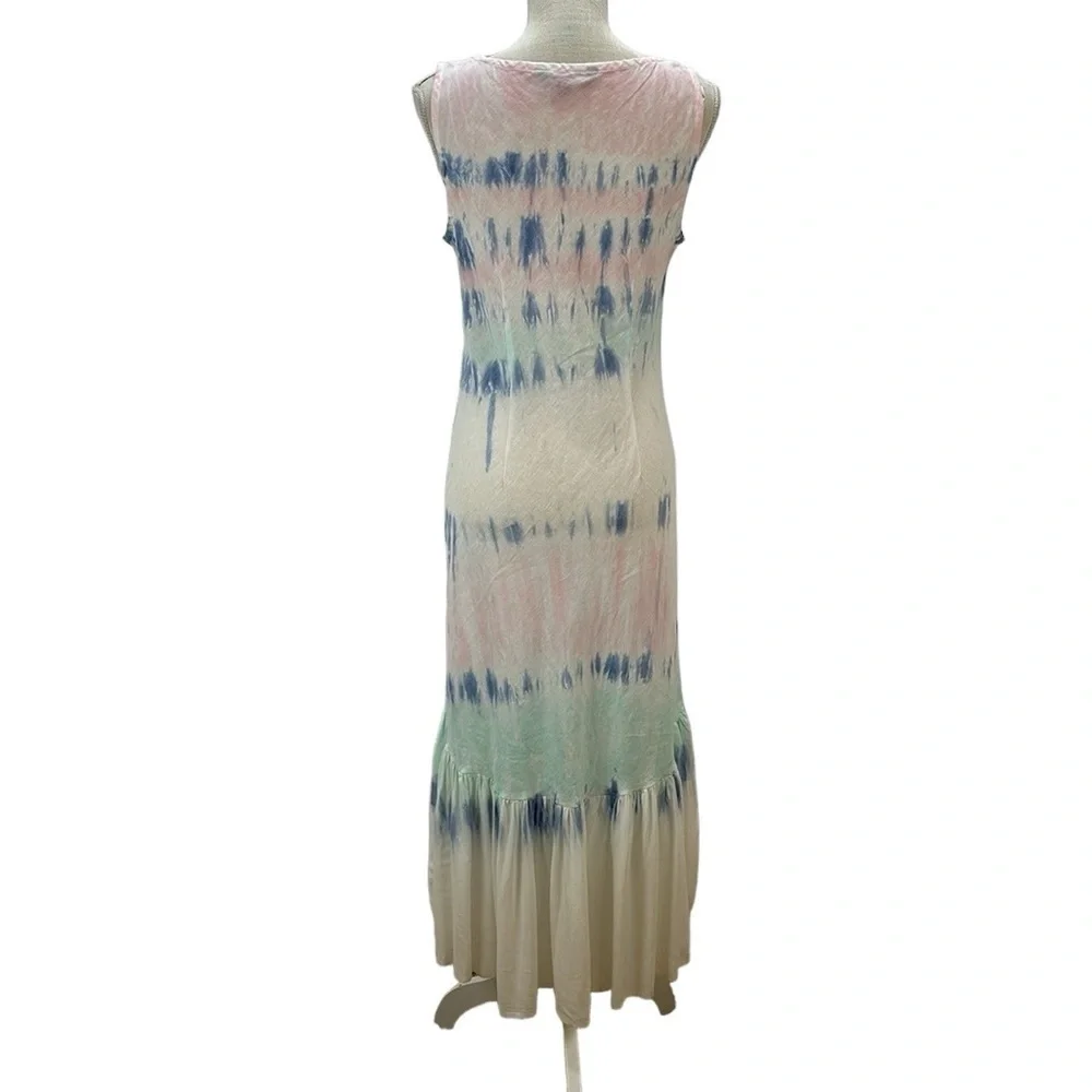 Charlie B Linen Ruffle Hi Low Hem Dress M Tie Dyed Pastel Pink Blue‎ Slee…